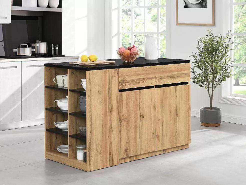 Vente-unique Ilha Central Da Cozinha Com Espacos De Arrumação Preto E Natural - Meili* Móvel De Cozinha
