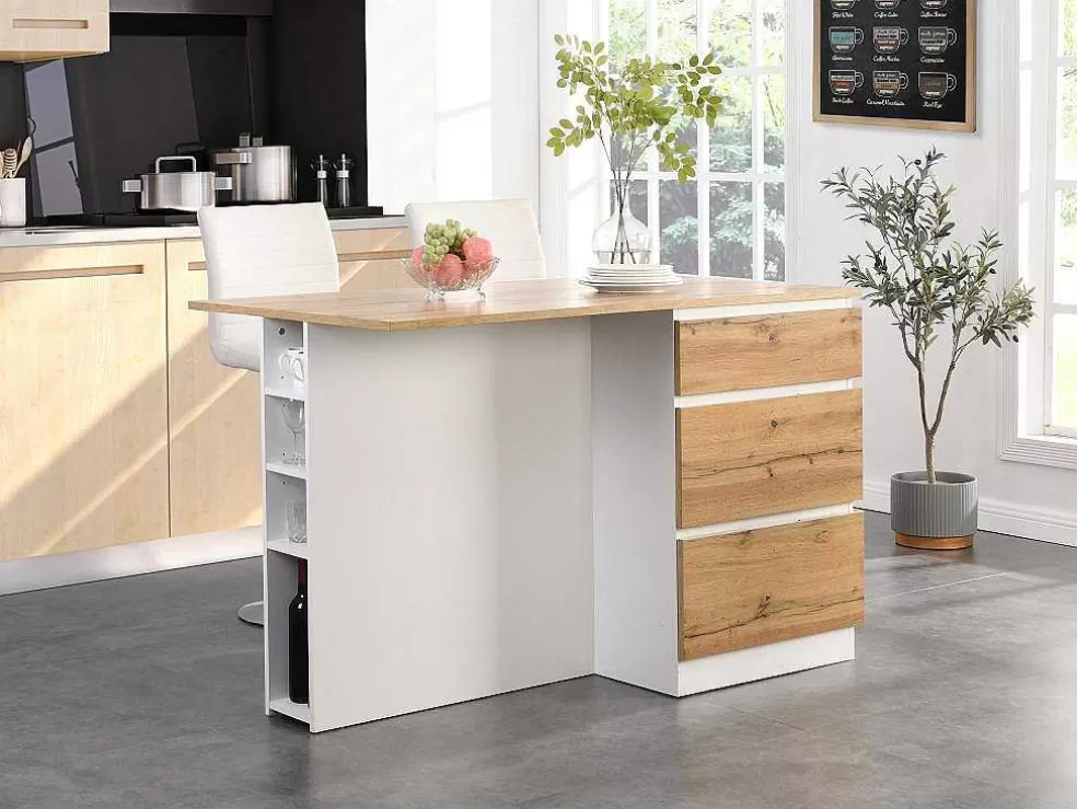 Vente-unique Ilha Central De Cozinha Com 6 Gavetas E 4 Nichos Em Mdf Natural Claro E Branco - Pomarela* Ilha De Cozinha