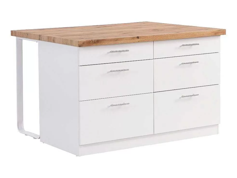 Vente-unique Ilha Central De Cozinha Com 6 Gavetas Em Mdf E Metal Branco E Natural Claro - Alegrita* Ilha De Cozinha