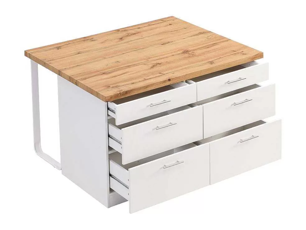 Vente-unique Ilha Central De Cozinha Com 6 Gavetas Em Mdf E Metal Branco E Natural Claro - Alegrita* Ilha De Cozinha