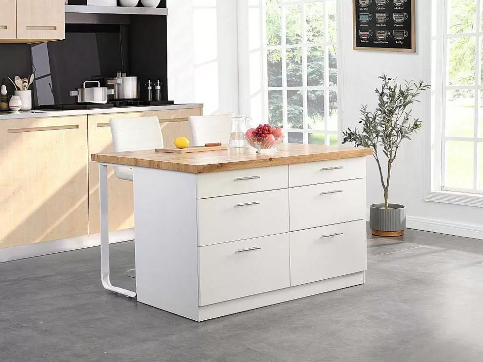 Vente-unique Ilha Central De Cozinha Com 6 Gavetas Em Mdf E Metal Branco E Natural Claro - Alegrita* Ilha De Cozinha