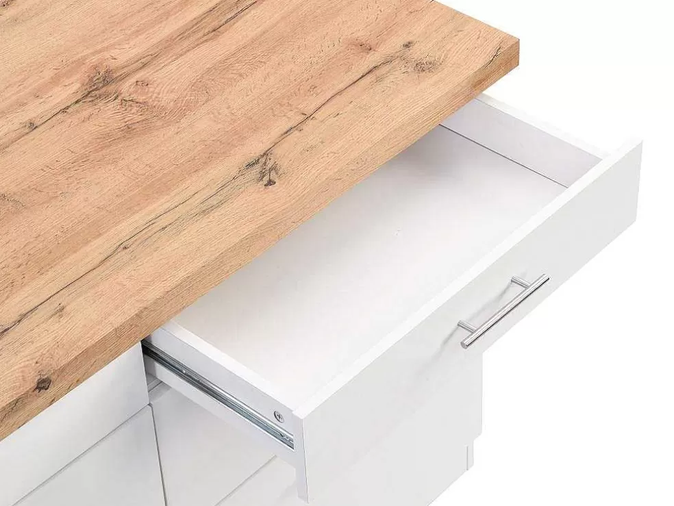 Vente-unique Ilha Central De Cozinha Com 6 Gavetas Em Mdf E Metal Branco E Natural Claro - Alegrita* Ilha De Cozinha