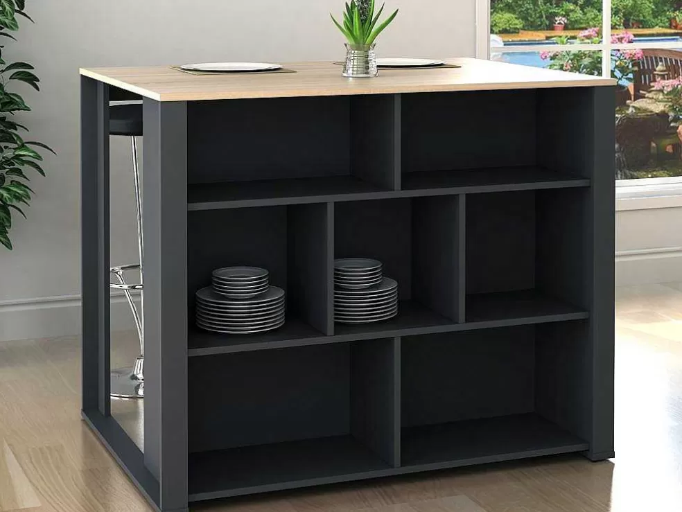 Vente-unique Ilha Central De Cozinha Com 7 Nichos Natural E Antracite - Opole* Móvel De Cozinha