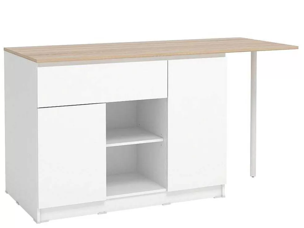 Vente-unique Ilha Central De Cozinha Com 2 Portas, 1 Gaveta E 2 Nichos, Branco E Natural Claro - Tunori* Móvel De Cozinha