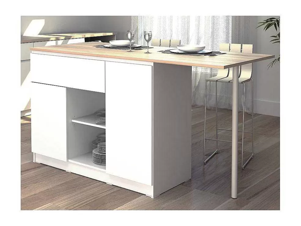 Vente-unique Ilha Central De Cozinha Com 2 Portas, 1 Gaveta E 2 Nichos, Branco E Natural Claro - Tunori* Móvel De Cozinha