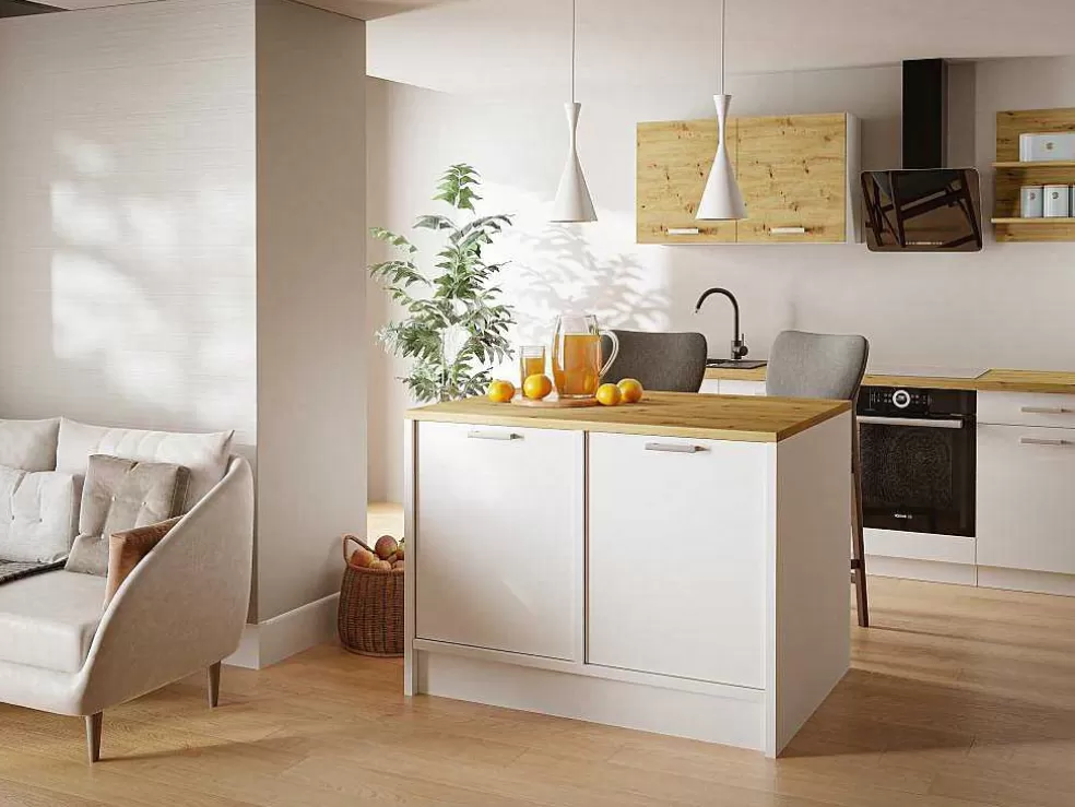 Vente-unique Ilha Central De Cozinha Com 2 Portas, Branco E Natural - Mechila* Ilha De Cozinha