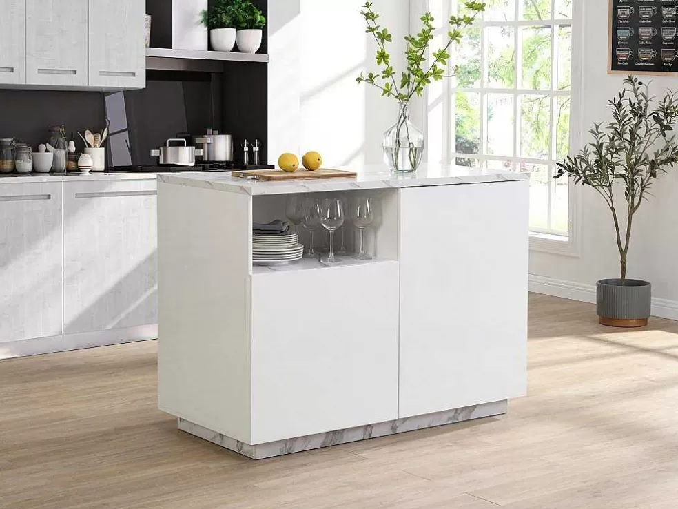 Vente-unique Ilha Central De Cozinha Com 2 Portas E 1 Nicho Em Mdf, Efeito Marmore Branco - Corelina* Ilha De Cozinha