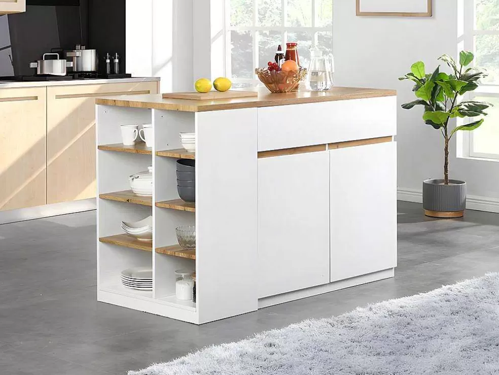 Vente-unique Ilha Central De Cozinha Com Espacos De Arrumação Cor Branco E Carvalho - Meili* Ilha De Cozinha