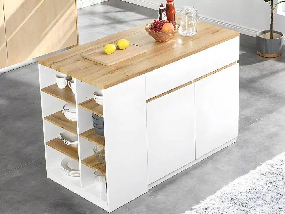 Vente-unique Ilha Central De Cozinha Com Espacos De Arrumação Cor Branco E Carvalho - Meili* Ilha De Cozinha