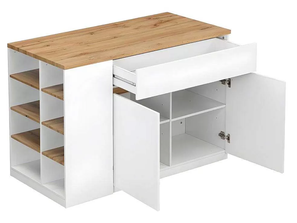 Vente-unique Ilha Central De Cozinha Com Espacos De Arrumação Cor Branco E Carvalho - Meili* Ilha De Cozinha