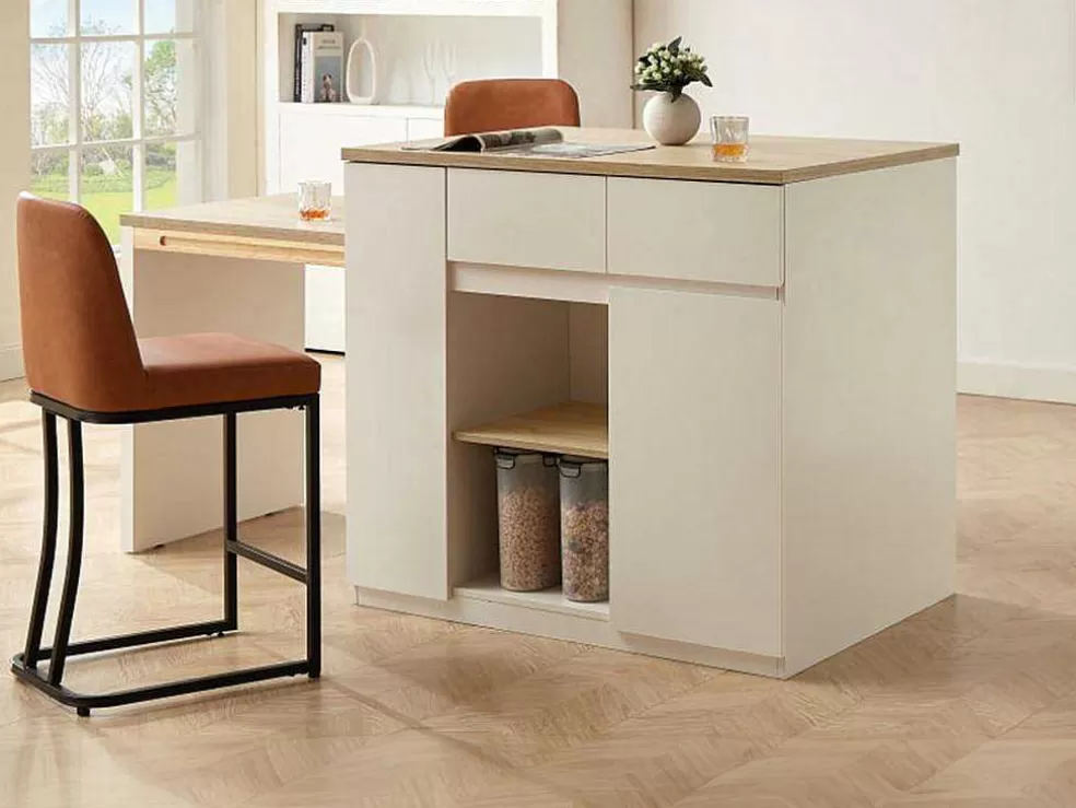 Vente-unique Ilha Central De Cozinha Com Espacos De Arrumação Mdf Branco E Natural - Belaza* Móvel De Cozinha