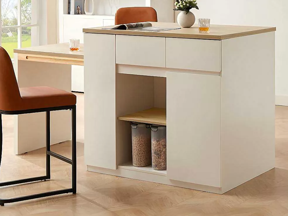 Vente-unique Ilha Central De Cozinha Com Espacos De Arrumação Mdf Branco E Natural - Belaza* Móvel De Cozinha