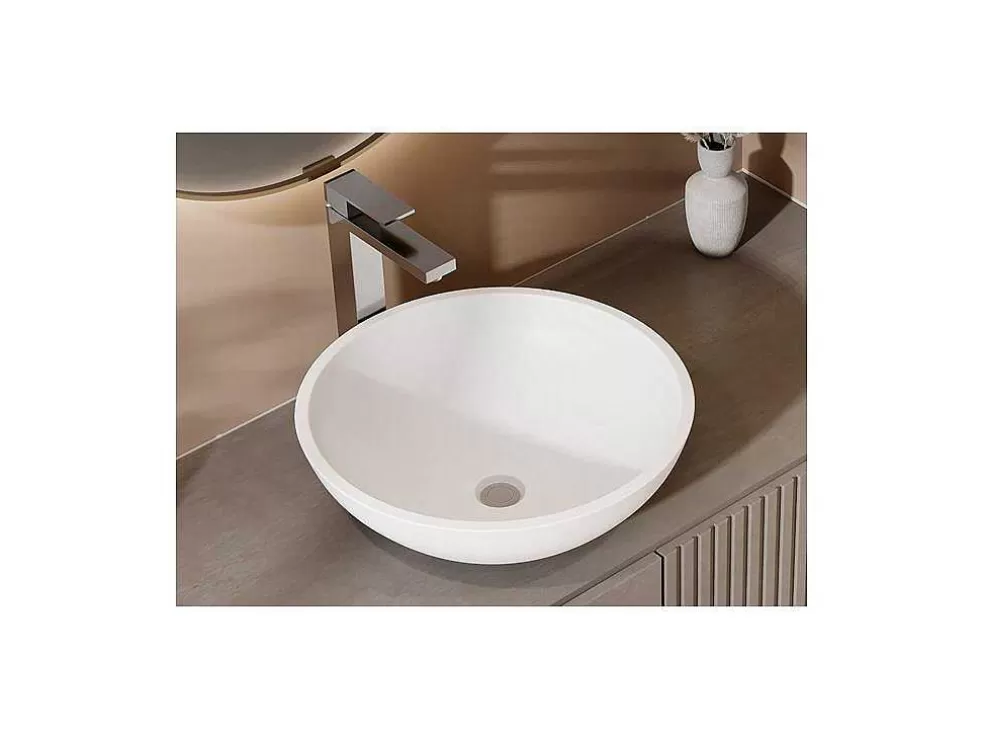 Shower & Design Lavatório De Casa De Banho Redondo Em Solid Surface De 40 Cm Cor Branco - Imja* Lavatório