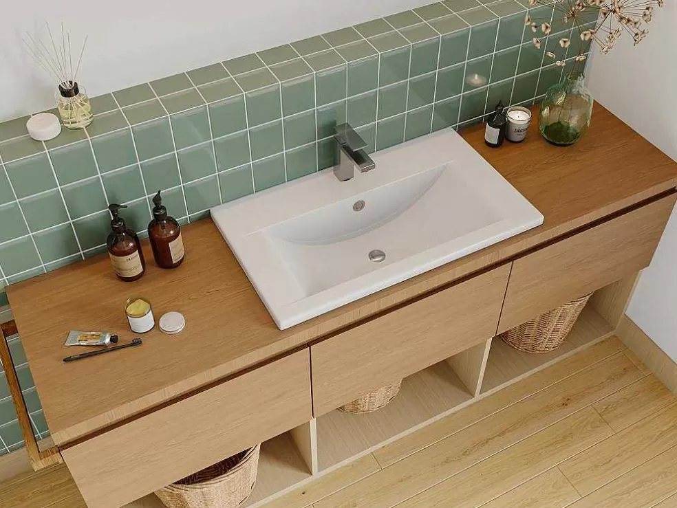 Shower & Design Lavatório De Casa De Banho Semi-Encastrado Retangular Ceramica, 71,5 Cm, Branco - Yasmac Ii* Lavatório