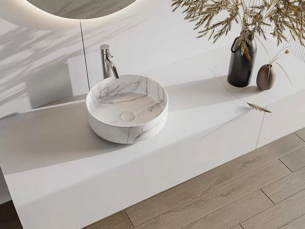 Shower & Design Lavatório De Pousar Redondo Branco Efeito Marmore Ceramica 36 Cm - Viamarba* Lavatório