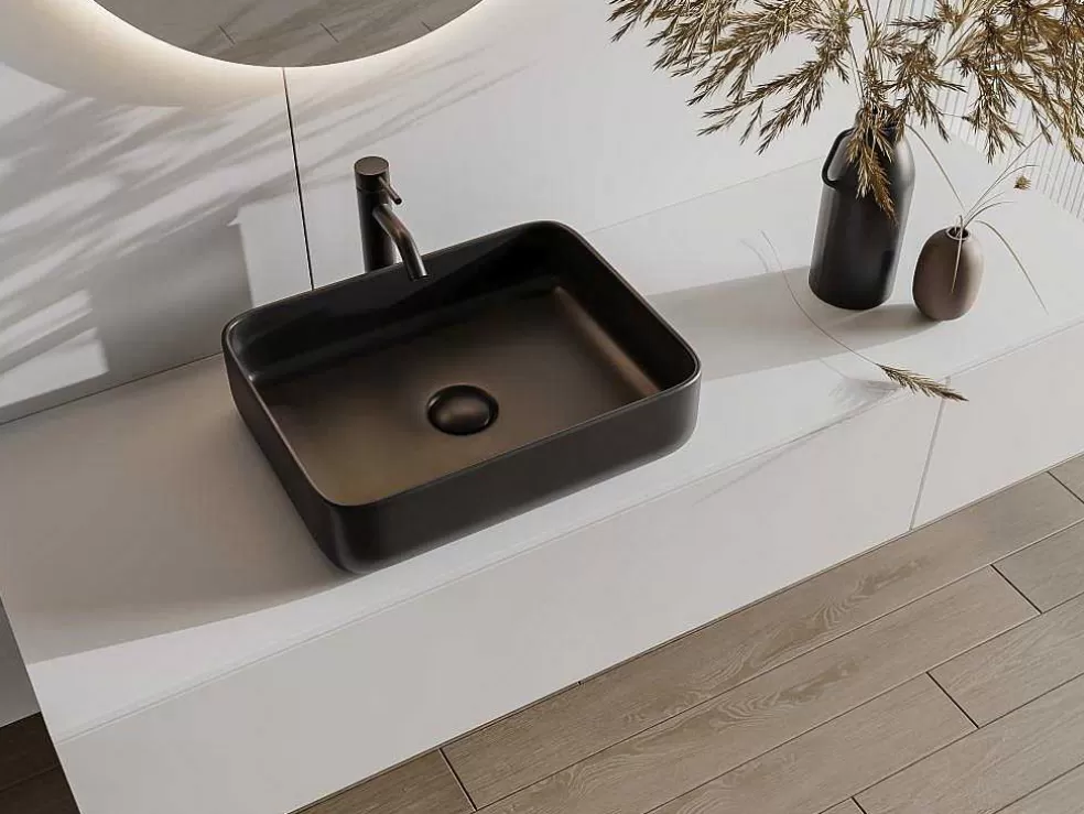 Shower & Design Lavatório De Pousar Retangular Em Ceramica Preto Fosco 50X30 Cm - Juniko Ii* Lavatório