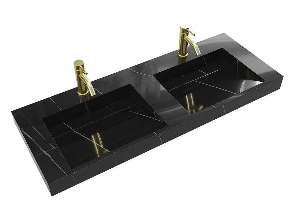 Shower & Design Lavatório Duplo Suspenso Em Solid Surface Efeito Marmore Preto C120,2Xl45,2Xa8 Cm - Takotna* Lavatório