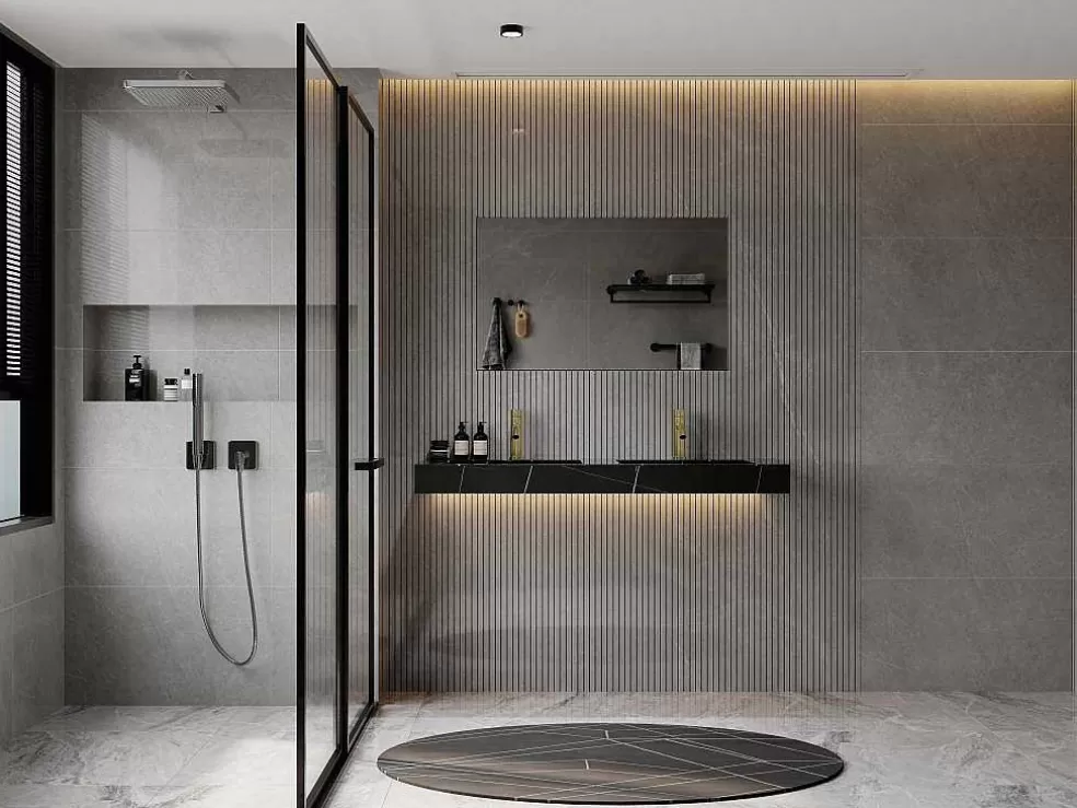 Shower & Design Lavatório Duplo Suspenso Em Solid Surface Efeito Marmore Preto C120,2Xl45,2Xa8 Cm - Takotna* Lavatório