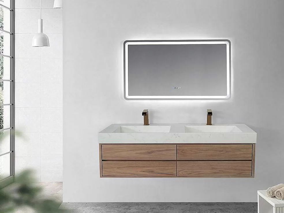Shower & Design Lavatório Duplo Suspenso Em Superficie Solida Efeito Marmore Branco De C120,2 X L45,2 X A8 Cm - Kodiak* Lavatório