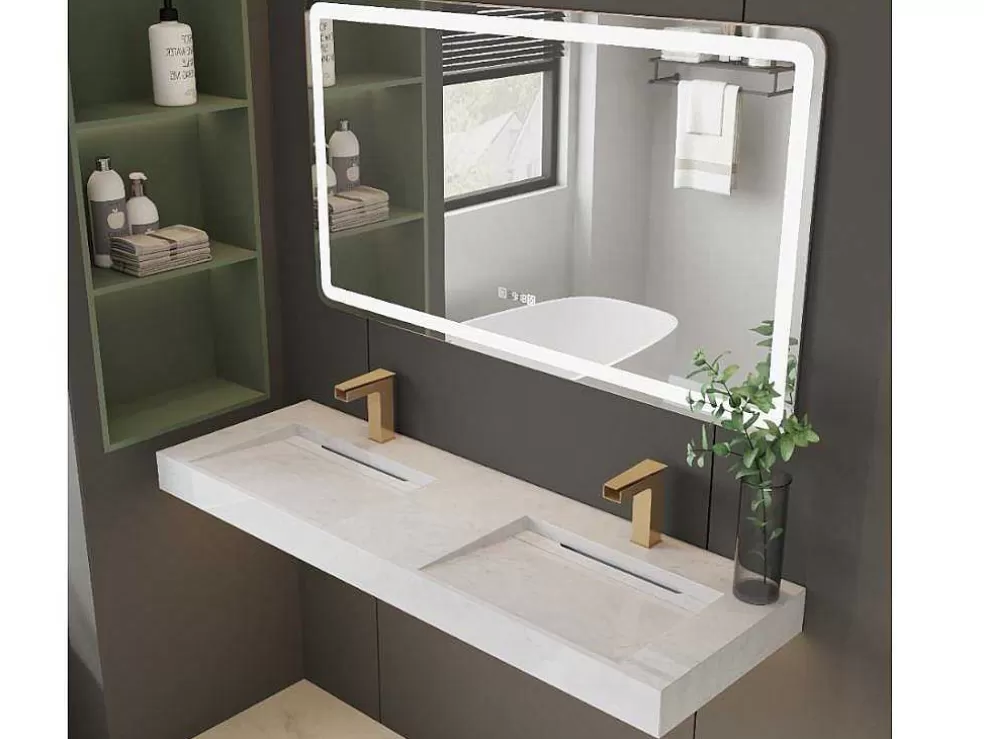 Shower & Design Lavatório Duplo Suspenso Em Superficie Solida Efeito Marmore Branco De C140,2 X L45,2 X A8 Cm - Kodiak* Lavatório