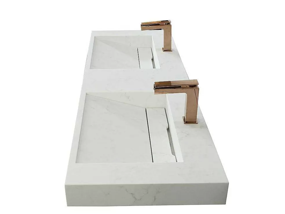 Shower & Design Lavatório Duplo Suspenso Em Superficie Solida Efeito Marmore Branco De C120,2 X L45,2 X A8 Cm - Kodiak* Lavatório