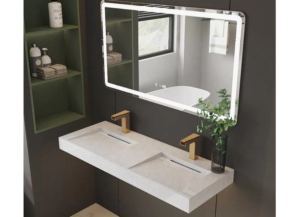 Shower & Design Lavatório Duplo Suspenso Em Superficie Solida Efeito Marmore Branco De C120,2 X L45,2 X A8 Cm - Kodiak* Lavatório