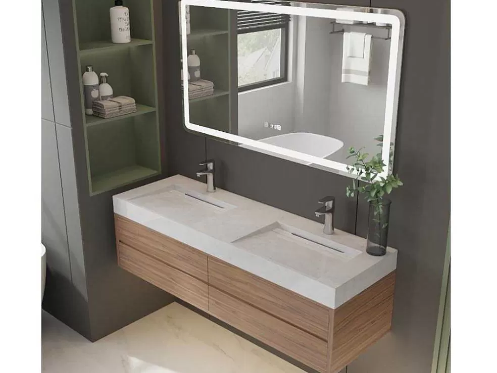 Shower & Design Lavatório Duplo Suspenso Em Superficie Solida Efeito Marmore Branco De C140,2 X L45,2 X A8 Cm - Kodiak* Lavatório