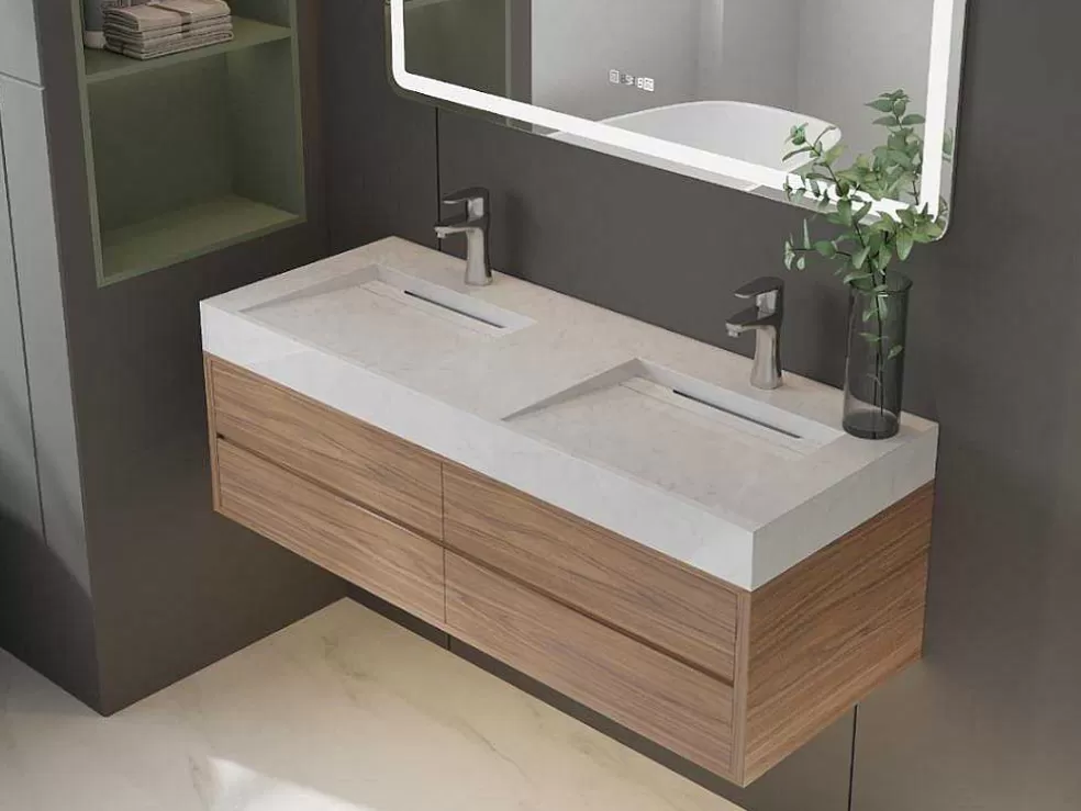 Shower & Design Lavatório Duplo Suspenso Em Superficie Solida Efeito Marmore Branco De C120,2 X L45,2 X A8 Cm - Kodiak* Lavatório