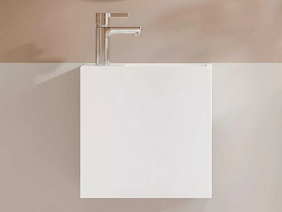 Shower & Design Lavatório Suspenso Branco Solid Surface Com Nicho, Torneira A Esquerda 40 Cm - Pumori* Móvel De Parede Para Casa De Banho
