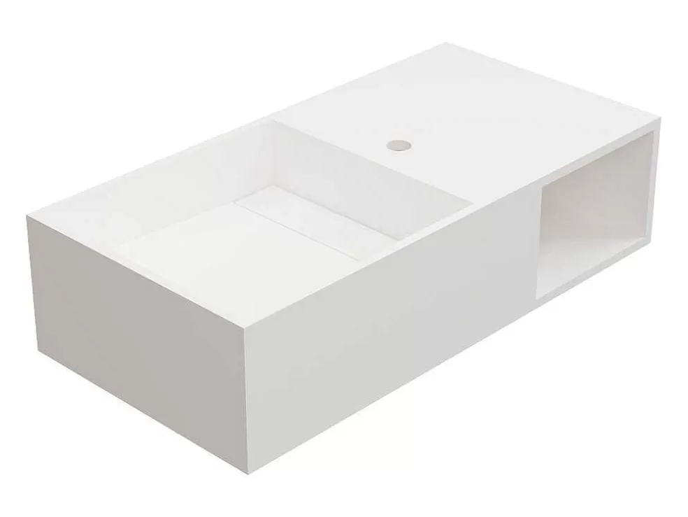 Shower & Design Lavatório Suspenso Em Solid Surface Com Nicho Cor Branco De C80 X L40 X A20 Cm - Goyoko* Móvel De Parede Para Casa De Banho