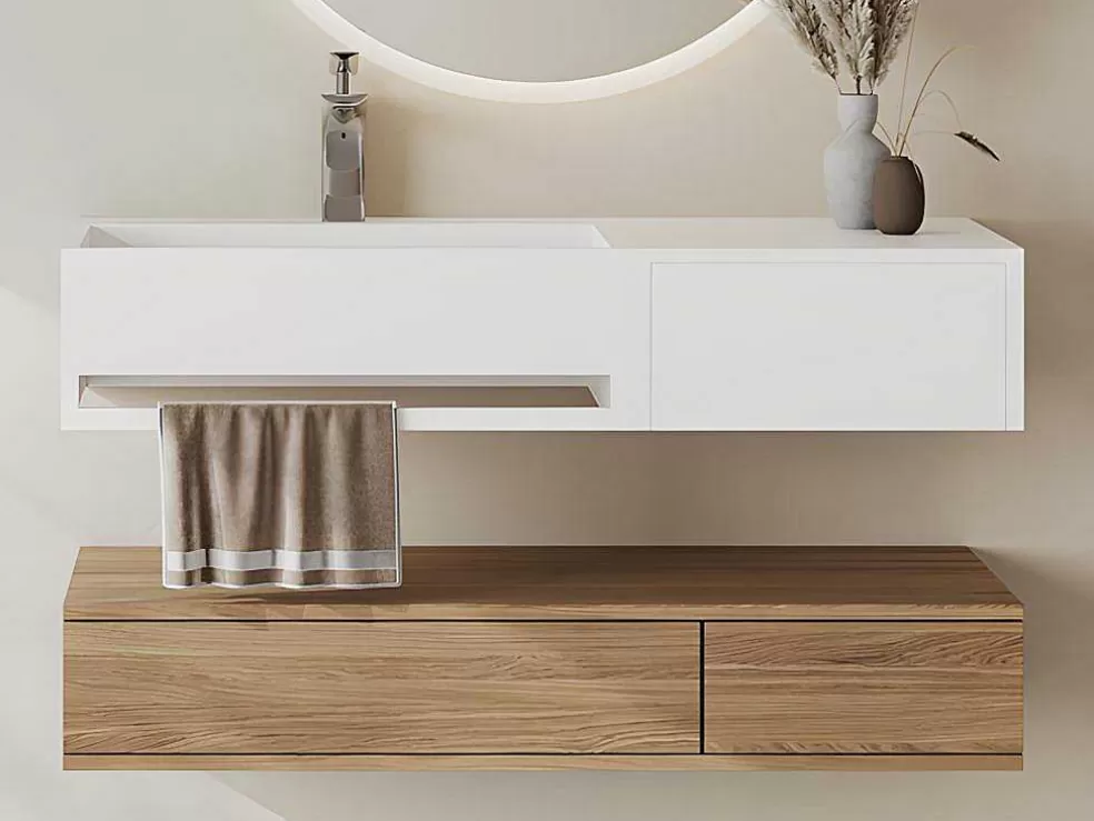 Shower & Design Lavatório Suspenso Em Solid Surface Com Nicho Cor Branco De C80 X L40 X A20 Cm - Goyoko* Móvel De Parede Para Casa De Banho