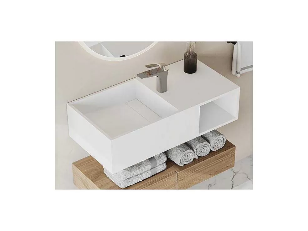 Shower & Design Lavatório Suspenso Em Solid Surface Com Nicho Cor Branco De C80 X L40 X A20 Cm - Goyoko* Móvel De Parede Para Casa De Banho