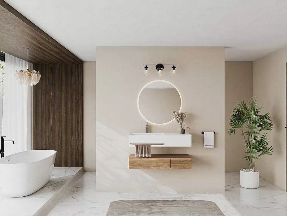 Shower & Design Lavatório Suspenso Em Solid Surface Com Toalheiro Cor Branco De C90 X L40 X A17 Cm - Gandaki* Móvel De Parede Para Casa De Banho