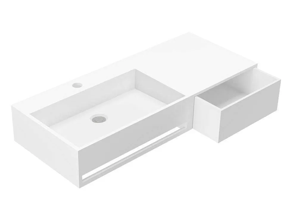 Shower & Design Lavatório Suspenso Em Solid Surface Com Toalheiro Cor Branco De C90 X L40 X A17 Cm - Gandaki* Móvel De Parede Para Casa De Banho