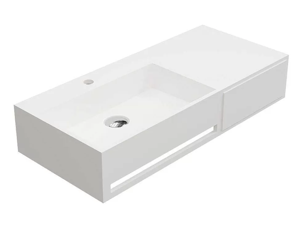 Shower & Design Lavatório Suspenso Em Solid Surface Com Toalheiro Cor Branco De C90 X L40 X A17 Cm - Gandaki* Móvel De Parede Para Casa De Banho