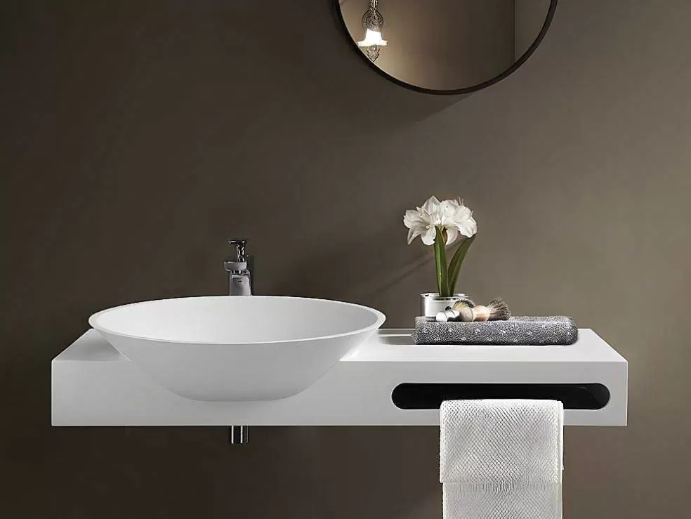 Shower & Design Lavatório Suspenso Em Solid Surface Com Toalheiro Cor Branco De C100 X L54 X A20 Cm - Yumiko* Móvel De Parede Para Casa De Banho