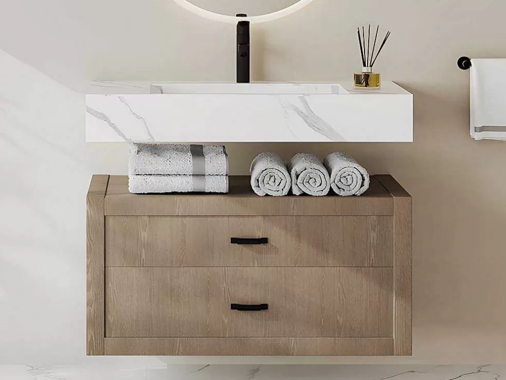 Shower & Design Lavatório Suspenso Em Superficie Solida Efeito Marmore Branco De C90,2 X L45,2 X A8 Cm - Takotna* Lavatório