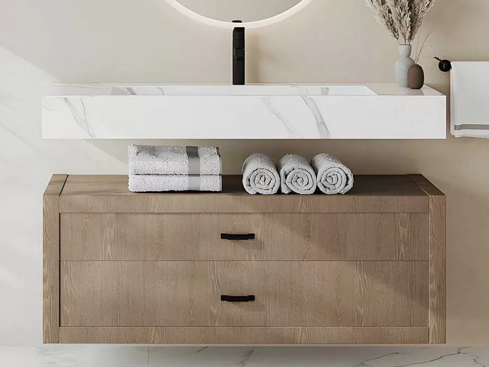 Shower & Design Lavatório Suspenso Em Superficie Solida Efeito Marmore Branco De C120,2 X L45,2 X A8 Cm - Takotna* Lavatório