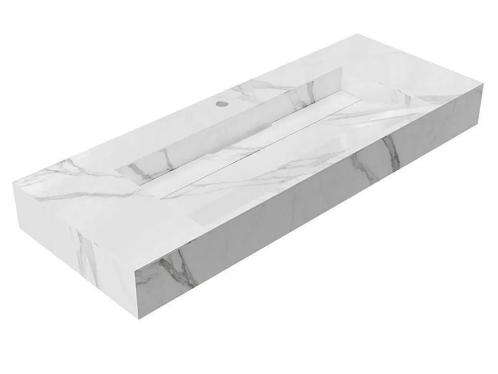 Shower & Design Lavatório Suspenso Em Superficie Solida Efeito Marmore Branco De C120,2 X L45,2 X A8 Cm - Takotna* Lavatório