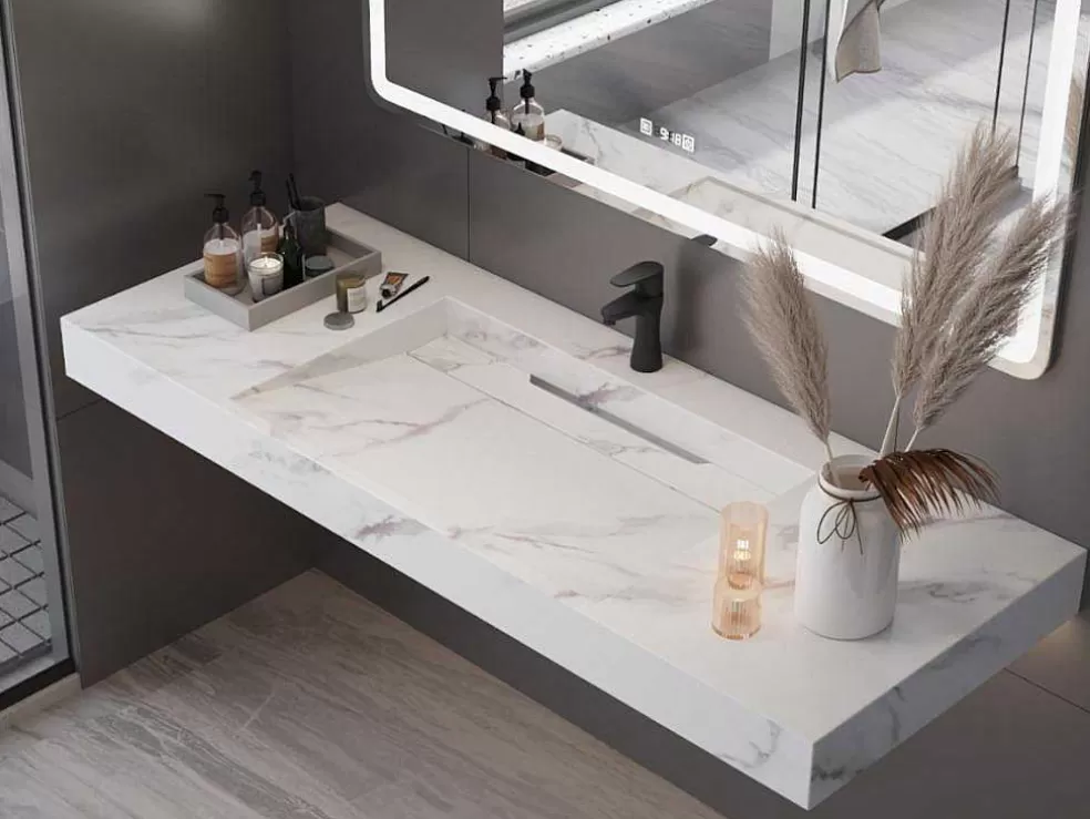 Shower & Design Lavatório Suspenso Em Superficie Solida Efeito Marmore Branco De C120,2 X L45,2 X A8 Cm - Takotna* Lavatório