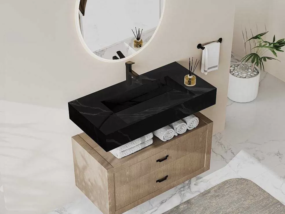 Shower & Design Lavatório Suspenso Em Superficie Solida Efeito Marmore Preto De C90,2 X L45,2 X A8 Cm - Takotna* Lavatório