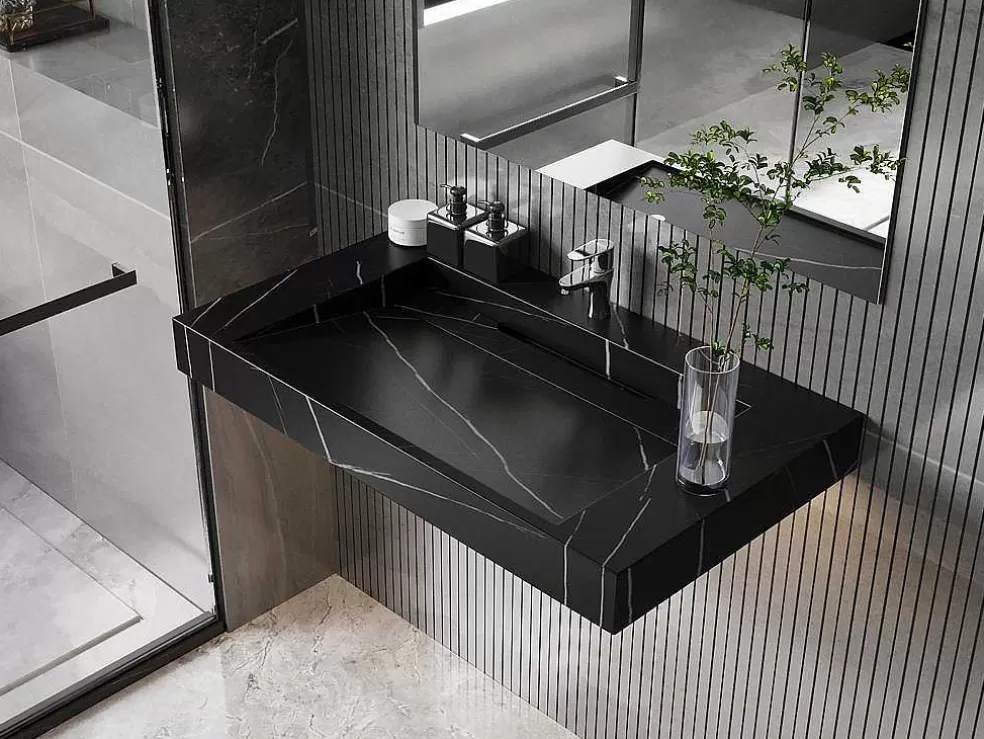 Shower & Design Lavatório Suspenso Em Superficie Solida Efeito Marmore Preto De C90,2 X L45,2 X A8 Cm - Takotna* Lavatório