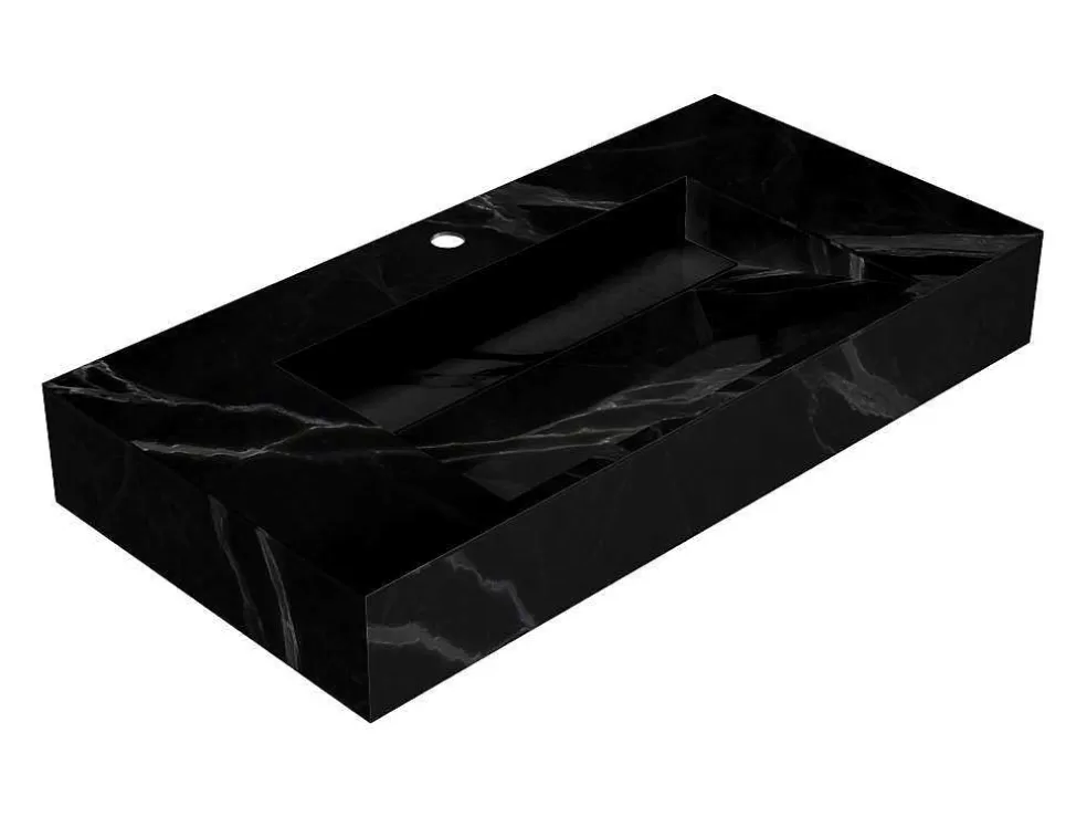 Shower & Design Lavatório Suspenso Em Superficie Solida Efeito Marmore Preto De C90,2 X L45,2 X A8 Cm - Takotna* Lavatório