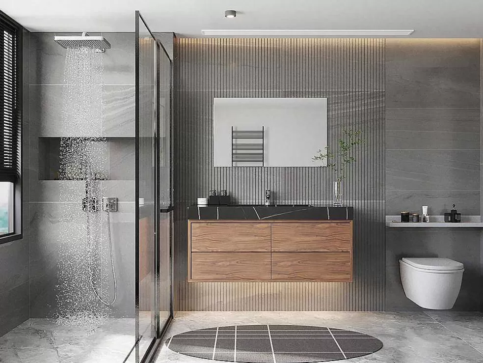 Shower & Design Lavatório Suspenso Em Superficie Solida Efeito Marmore Preto De C90,2 X L45,2 X A8 Cm - Takotna* Lavatório