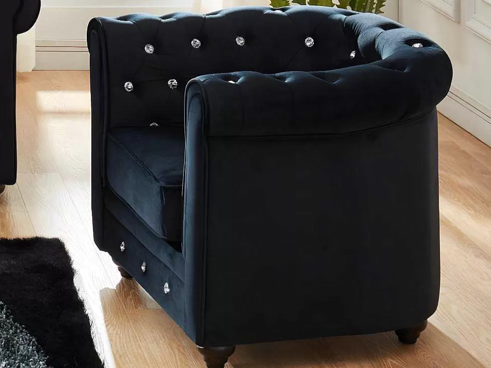 Vente-unique Lote De 2 Cadeiroes Chesterfield - Veludo Preto E Botoes Efeito Cristal* Poltrona Em Veludo