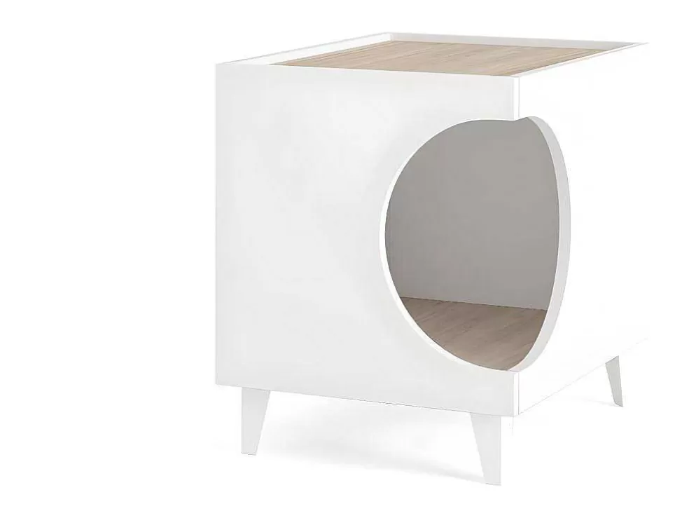 Skraut Home Mesa Animal Ellie - Branco/ Carvalho, Orificio De Entrada Lateral, 1 Porta.* Acessórios Para Animais De Estimação