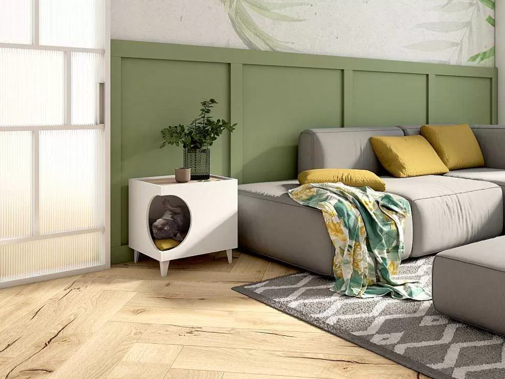 Skraut Home Mesa Animal Ellie - Branco/ Carvalho, Orificio De Entrada Lateral, 1 Porta.* Acessórios Para Animais De Estimação