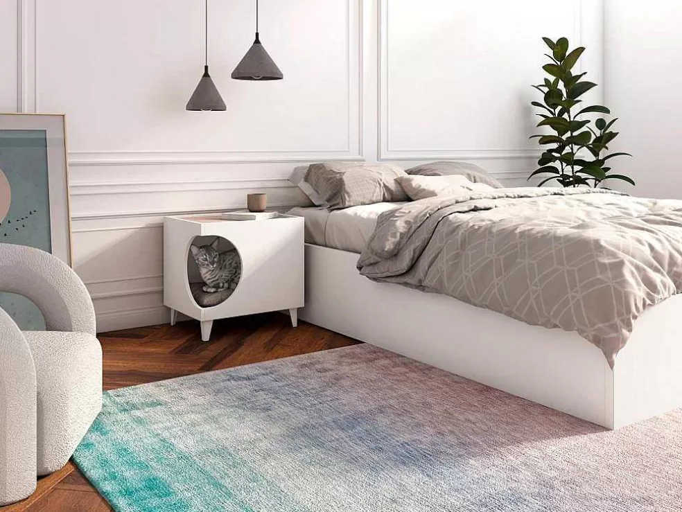 Skraut Home Mesa Animal Ellie - Branco/ Carvalho, Orificio De Entrada Lateral, 1 Porta.* Acessórios Para Animais De Estimação