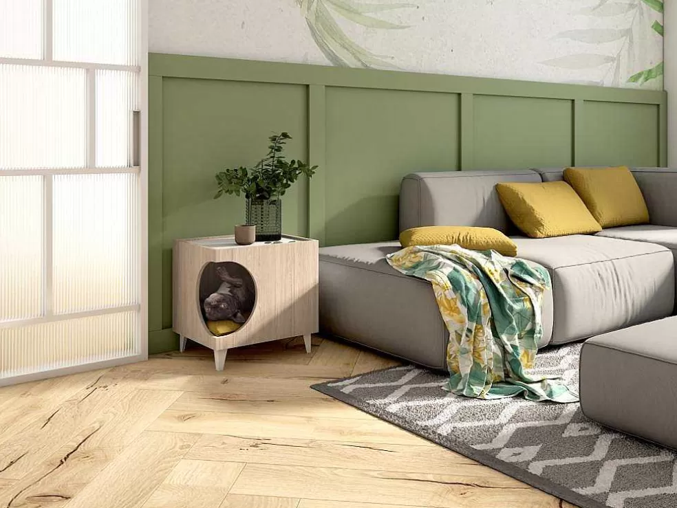 Skraut Home Mesa Animal Ellie - Carvalho/Branco, Orificio De Entrada Lateral, 1 Porta.* Acessórios Para Animais De Estimação