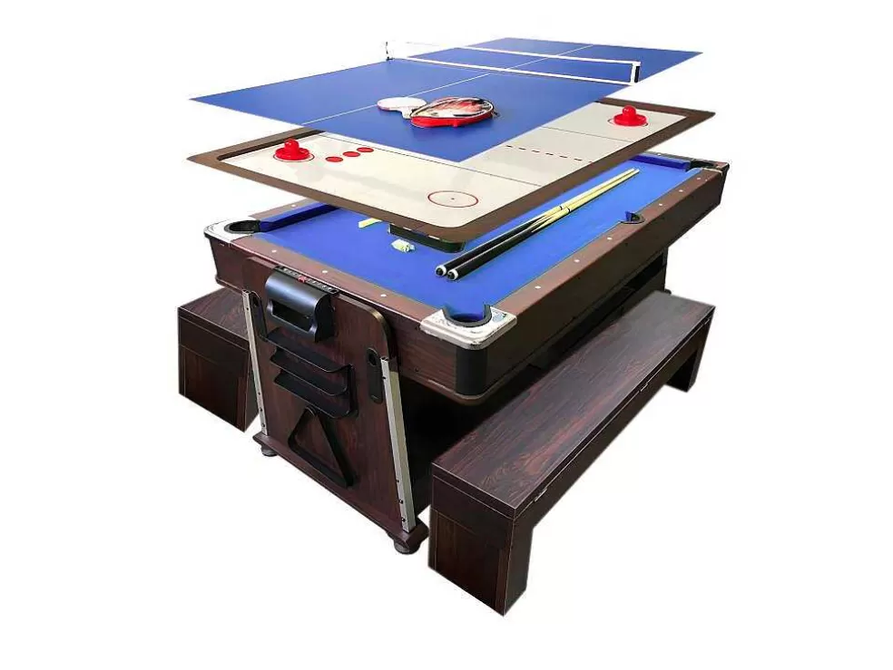 ELITESHOPPING Mesa De Bilhar 7 Pés Multijogo Azul Air Hockey + Ping Pong - Stark Com Bancos* Jogo De Interior
